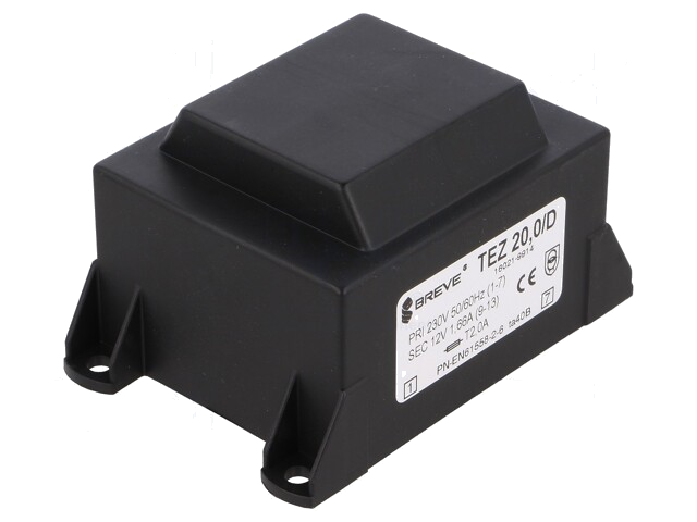 Transformator: ingegoten; 20VA; 230VAC; 12V; 1666,6mA; PCB; IP00 Transformator: ingegoten; 20VA; 230VAC; 12V; 1666,6mA; PCB; IP00